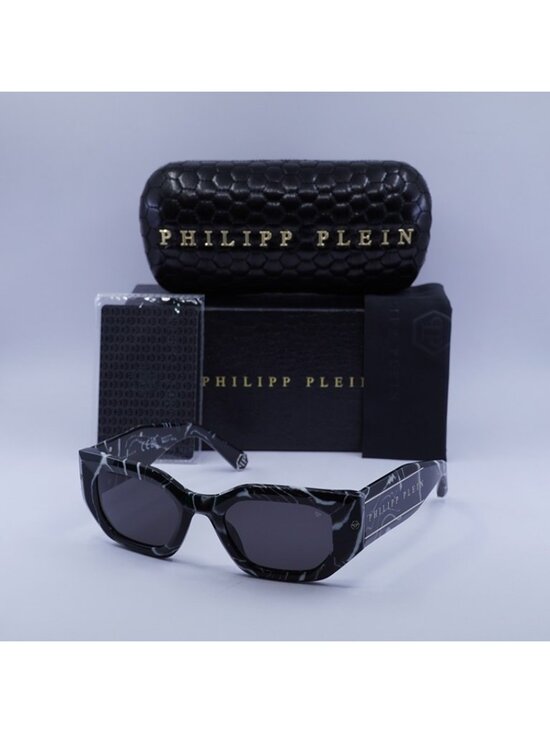 Philipp Plein SPP066M 0Z21 Sunglasses Marbled Black Geometric Frame, Grey Lenses main image 9